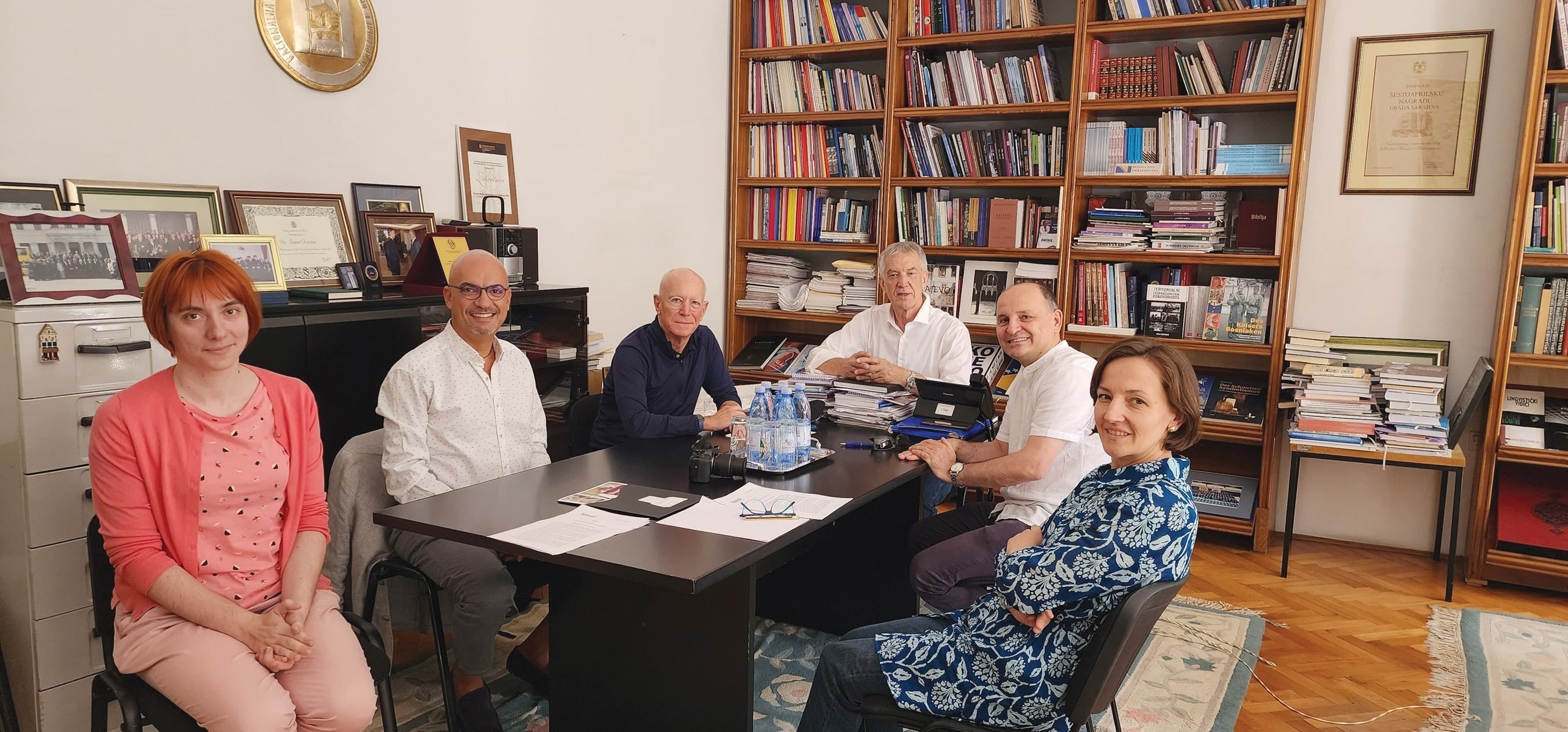 Meeting at the National and University Library of Bosnia and Herzegovina (NULBH) to discuss the digitization of the library’s manuscripts. Pictured (left to right): Anja Mastilović (NULBH, head of serials); Walid Mourad (HMML); Columba Stewart (HMML); Ismet Ovčina (NULBH, former director); Fr. Ivan Nujić (HMML partner); Muamera Smajić (NULBH, director of special collections).